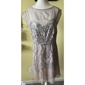 Mignon for Neiman Marcus Embellished Cocktail Dress Silver Sequin Sheer Overlay